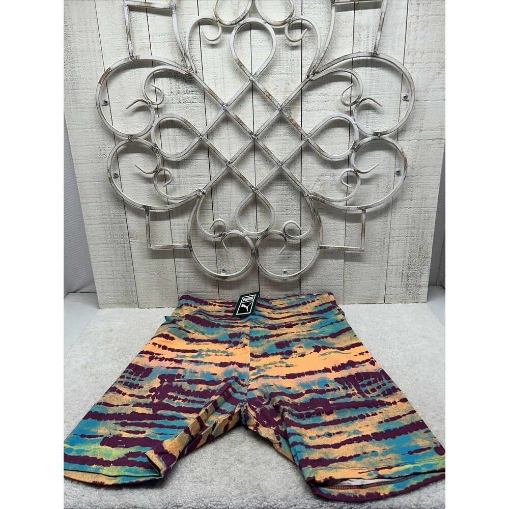 PUMA Biking Shorts Stretch Women Tie Dye Colorful Orange/Green/Purple SZ Lg New
